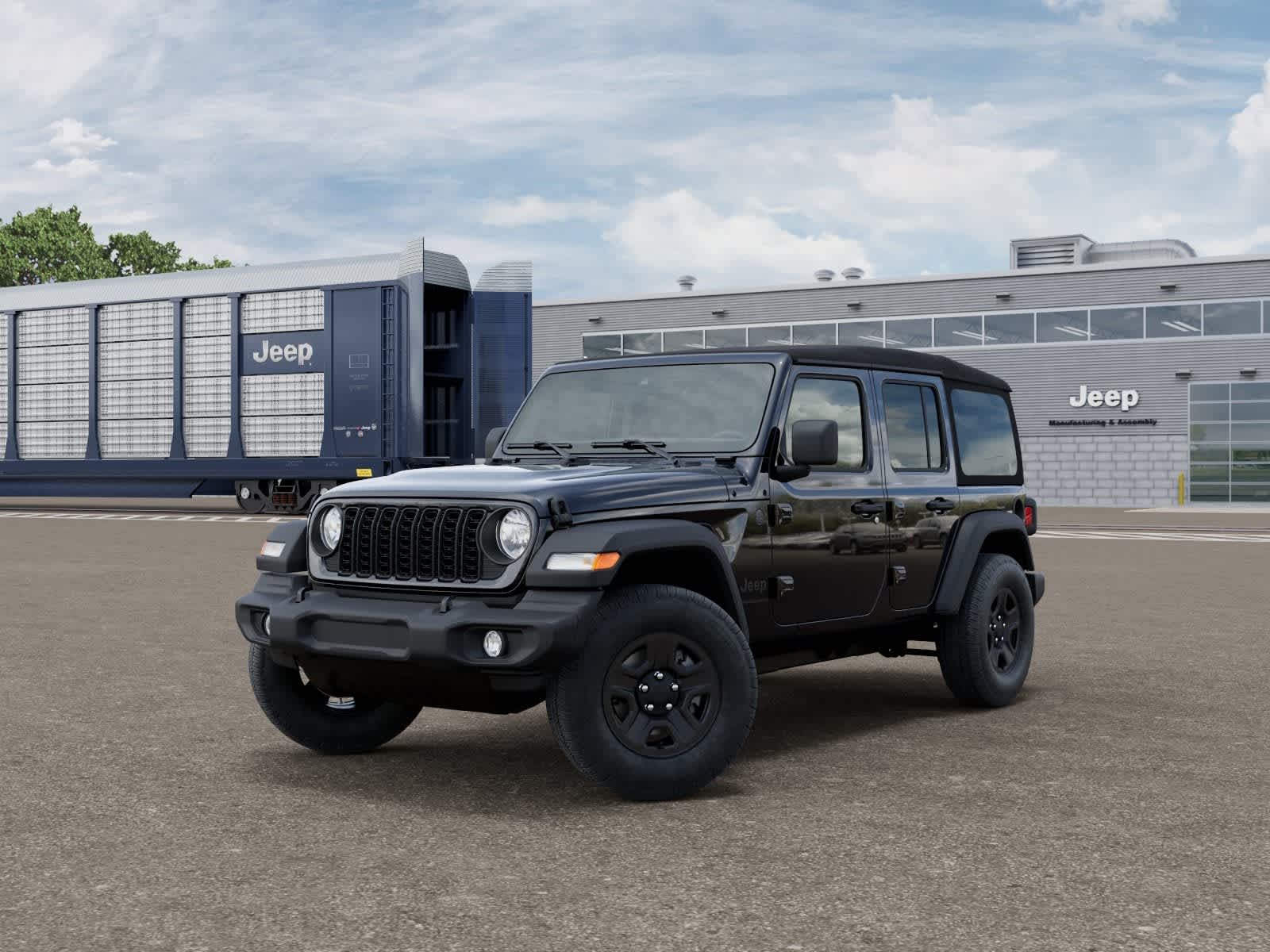 2026 Jeep Wrangler WRANGLER 4-DOOR SPORT in Black Clear-Coat Exterior Paint — front three-quarter view