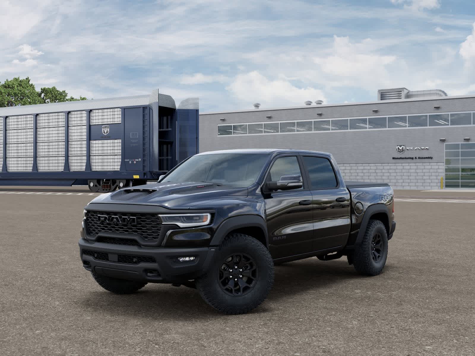 2026 RAM Ram 1500 RAM 1500 RHO CREW CAB 4X4 5'7' BOX in Diamond Black Crystal Pearl-Coat Exterior Paint — front three-quarter view