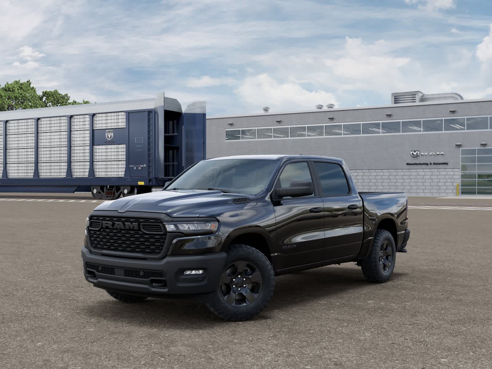 2026 RAM Ram 1500 RAM 1500 WARLOCK CREW CAB 4X4 5'7' BOX in Diamond Black Crystal Pearl-Coat Exterior Paint — front three-quarter view