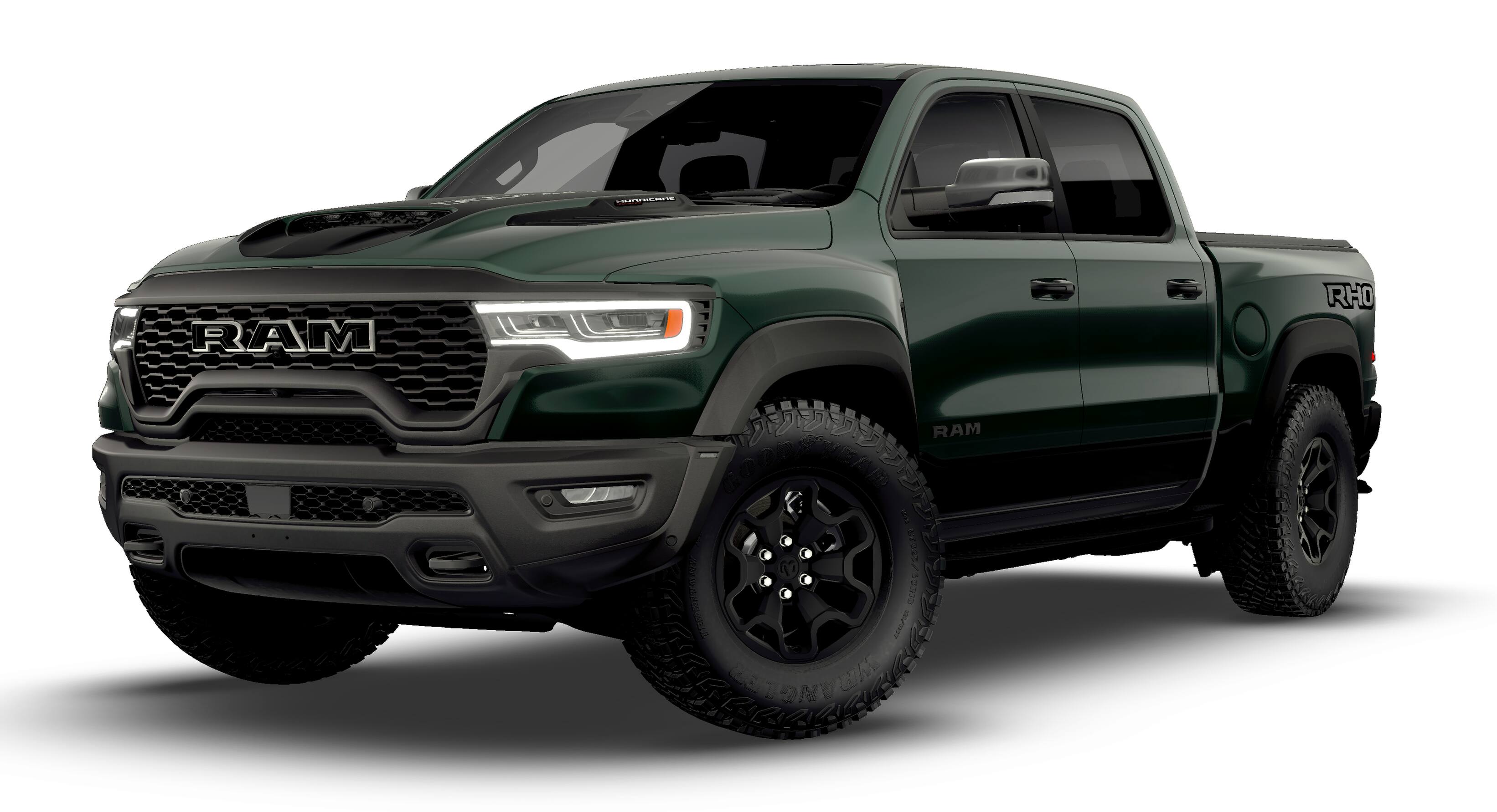 2026 RAM Ram 1500 RAM 1500 RHO CREW CAB 4X4 5'7' BOX in Serrano-Green Metallic Exterior Paint — front three-quarter view