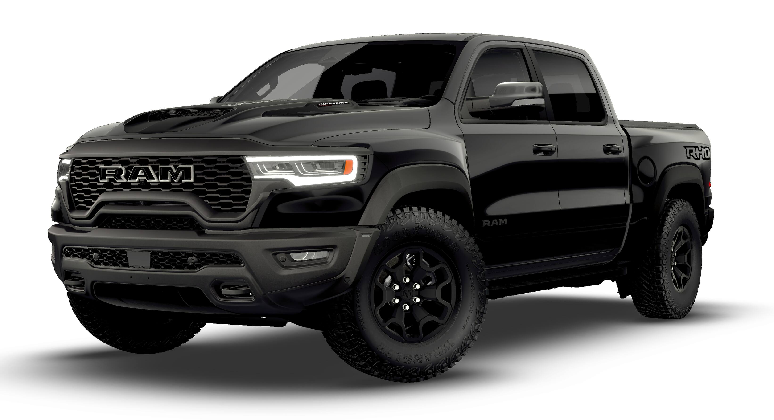 2026 RAM Ram 1500 RAM 1500 RHO CREW CAB 4X4 5'7' BOX in Diamond Black Crystal Pearl-Coat Exterior Paint — front three-quarter view